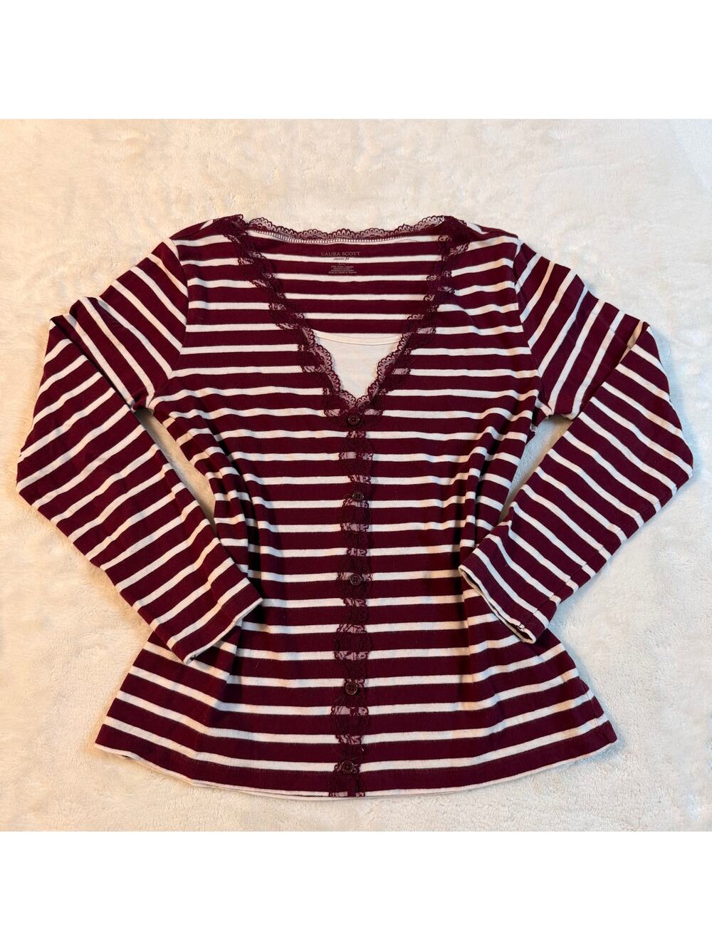 Y2K Laura Scott Red and White Stripped Long Sleeve Henley